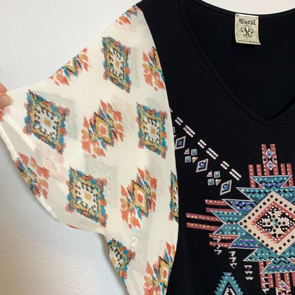Vocal Black Aztec Top XL Boho Southwestern Studded V-Neck Kimono Sleeve USA - Picture 4 of 7